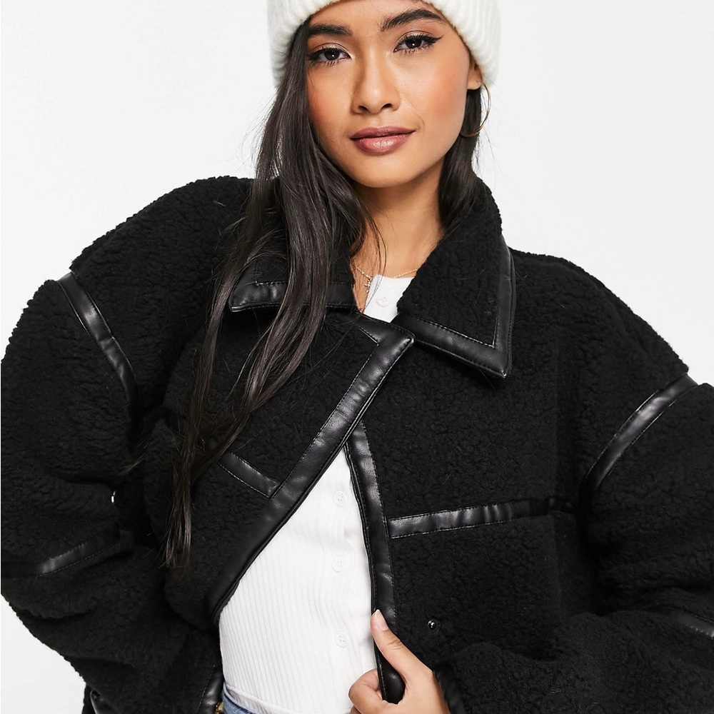 ASOS Black Teddy Jacket with Leather Accents
